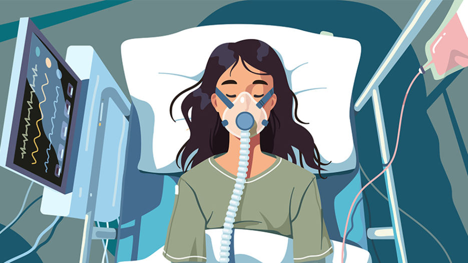 Illustration of a woman on a ventilator in hospital